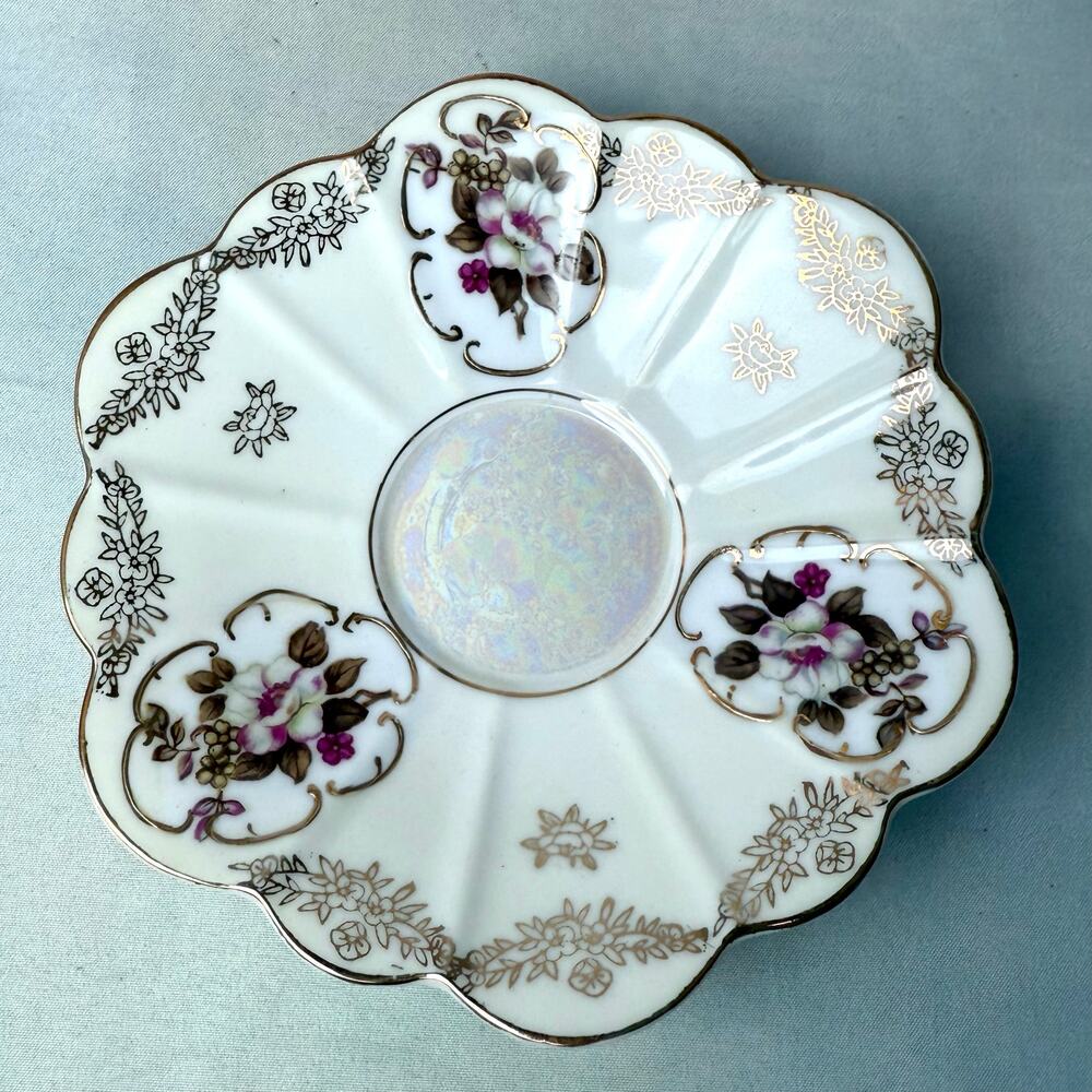 Vintage Relco Floral Hand Painted Iridescent Teacup Saucer Side Plate